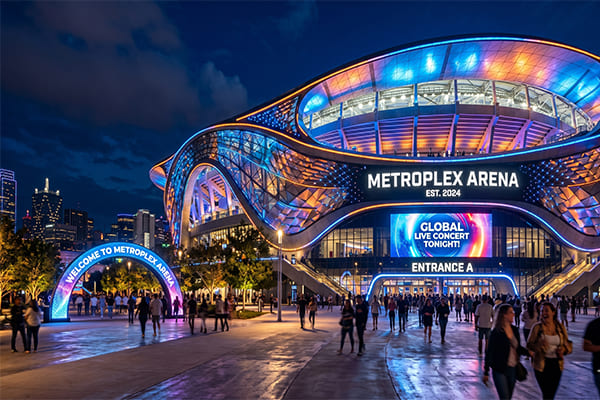 A stunningly lit modern stadium facade at night